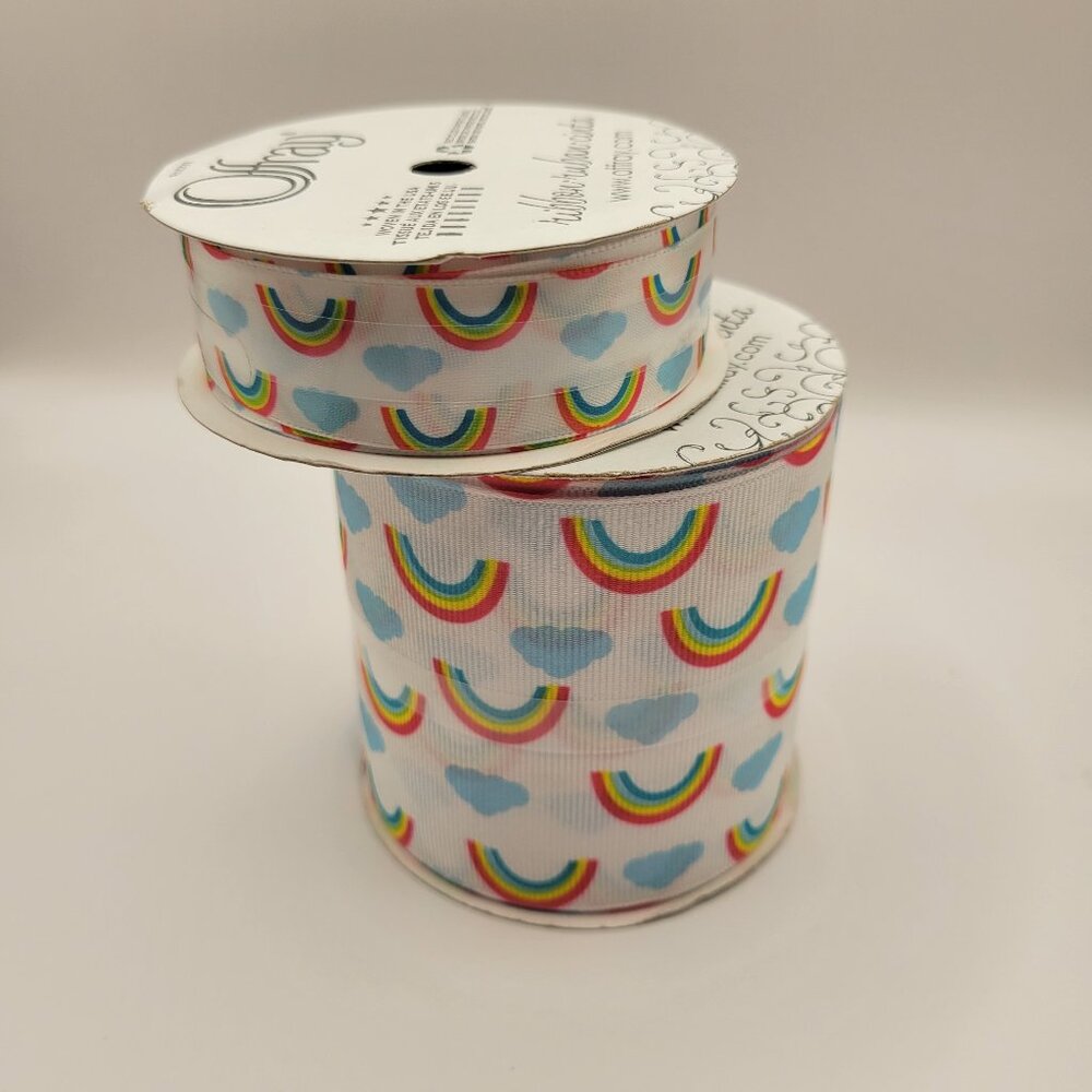 Lot of 2 Offray Rainbow Ribbon Spools NEW 3" and 7/8" 9 Feet Length Textured